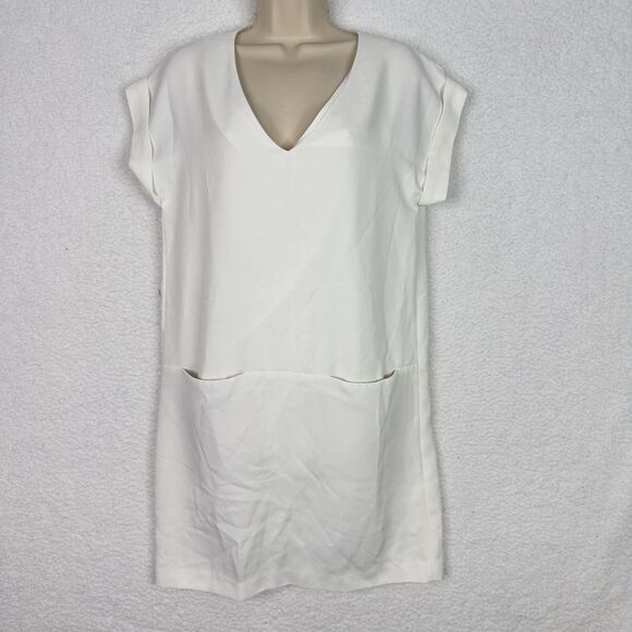 Vince White Textured Shift Dress Size S Minimalist Resort‎ V-Neck Quiet Luxury - Picture 2 of 13